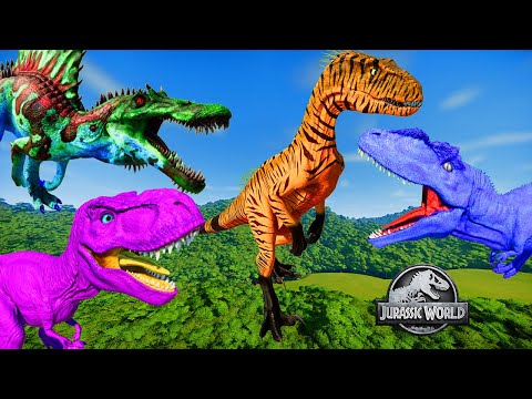 T-Rex vs Indoraptor vs Giganotosaurus vs Spinosaurus Dinosaurs Fighting - Jurassic World Evolution