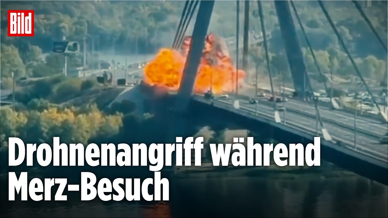 ANGRIFF WÄHREND MERZ-BESUCH: Russische Drohne trifft Brücke in Kiew - Kanzler bleibt vor Ort