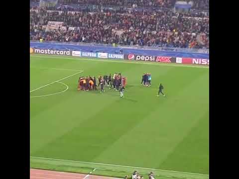 AS Roma players celebrating their incredible comeback against Barcelona!