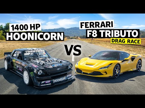 Ford vs Ferrari! 710hp F8 Tributo Daily Driver drag races Ken Block’s Hoonicorn