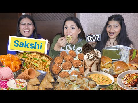 Eating Food For Every Letter In Our Name Challenge | Kurkure Momos, Spring roll, Pav Bhaji, Noodles
