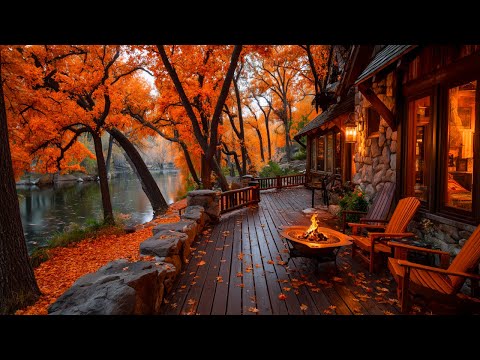 Fall Autumn Cabin Porch Ambience | Campfire & Forest Birds for Relaxation