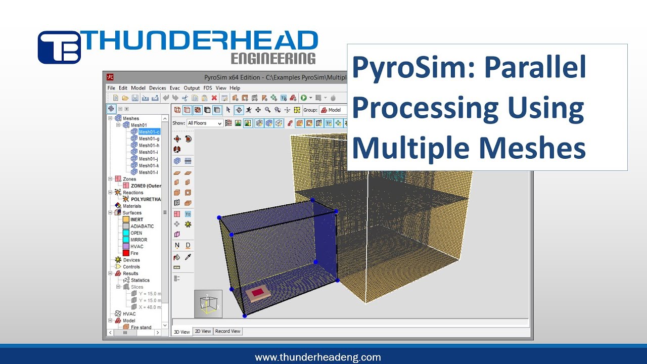 Demonstrates parallel processing using PyroSim with multiple meshes.