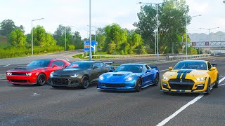 Forza Horizon 4 Drag race: 2020 Ford Shelby GT500 vs Dodge Demon vs Corvette Z06 vs Camaro ZL1 1LE