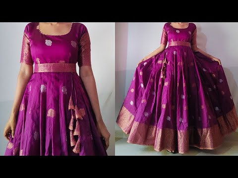 Convert Border Saree into Long Gown with Belt | Long frock/dress cutting & stitching easily