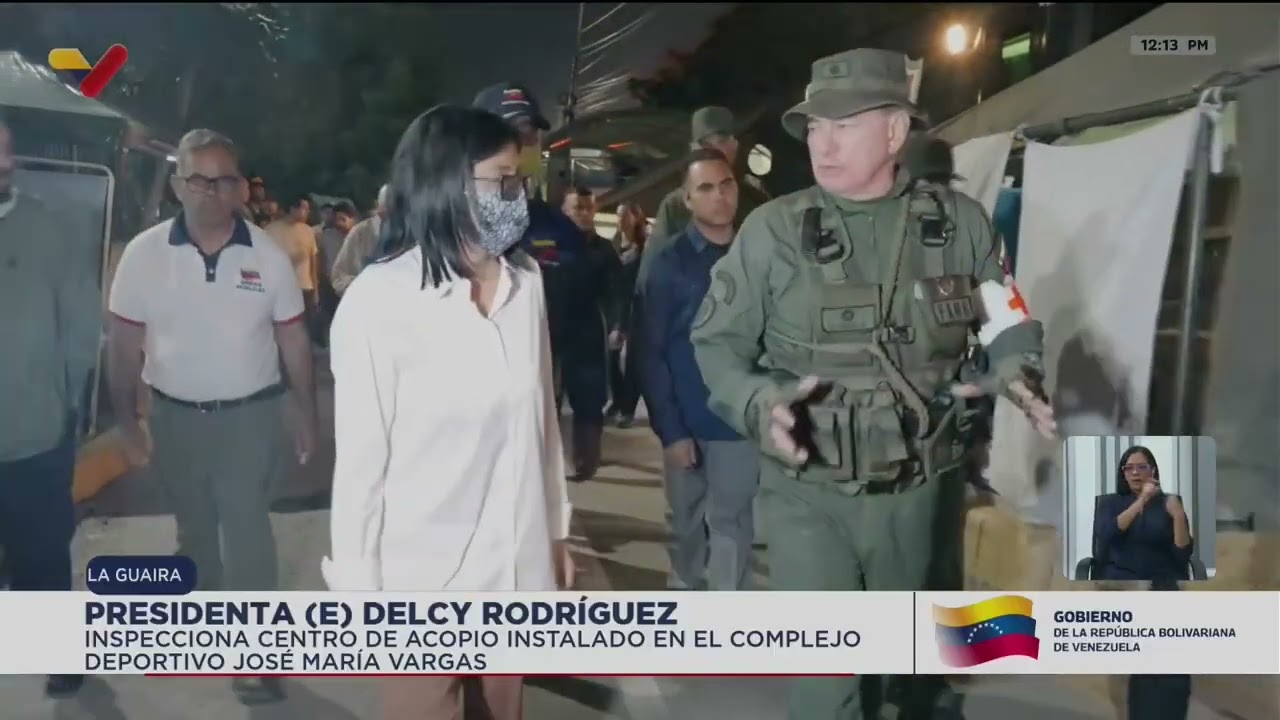 Delcy Rodríguez inspeccionando polideportivo José María Vargas en La Guaira (centro de acopio)