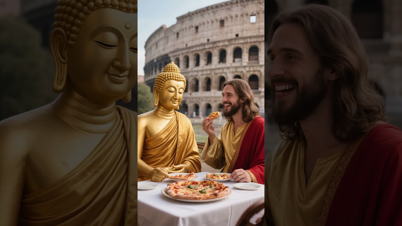 Jesus and Buddha eating pizza together #midjourney #shorts #aiart #ai #jesus #wolink #buddha