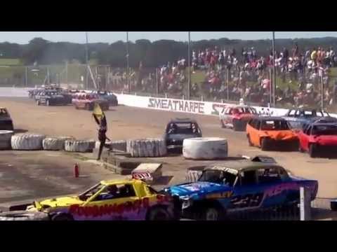 Banger racing - the roughnecks -917 gets  knocked out by nemesis !!!