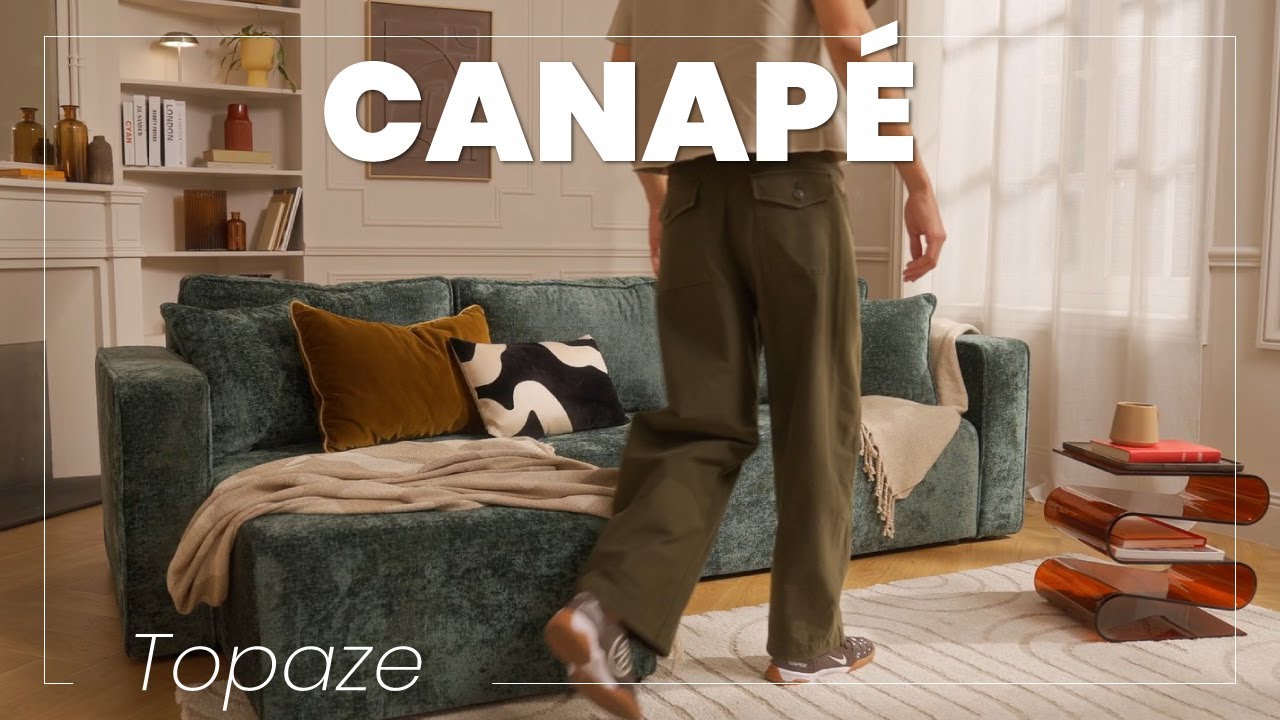 Thumbnail video of the produit Topaze - canapé d'angle réversible 4 places convertible avec coffre en velours à relief texturé