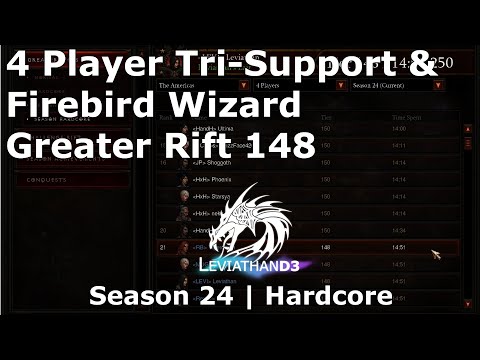 [Diablo 3] Hardcore 4 Player GR 148 | Tri-Support & Firebird Wizard | Season 24 Patch 2.7.1
