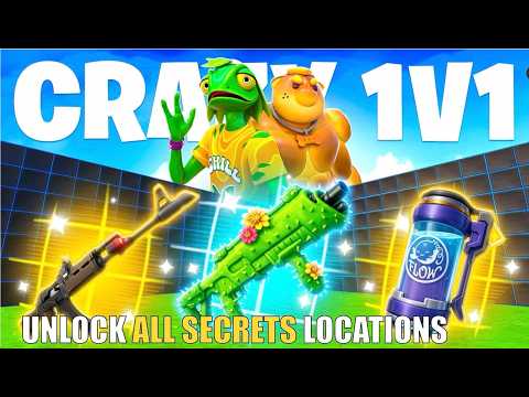 CRAZY 1V1 FFA ALL GUNS & RIDES MAP FORTNITE CREATIVE (PART 50) - FIND ALL NEW SECRETS LOCATIONS