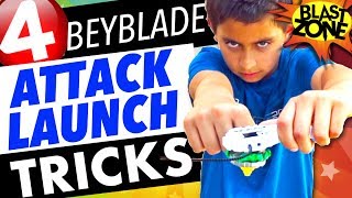 4 Beyblade Burst Attack Launch Tricks and Xcalius Unboxing!  How to win at Beyblades!