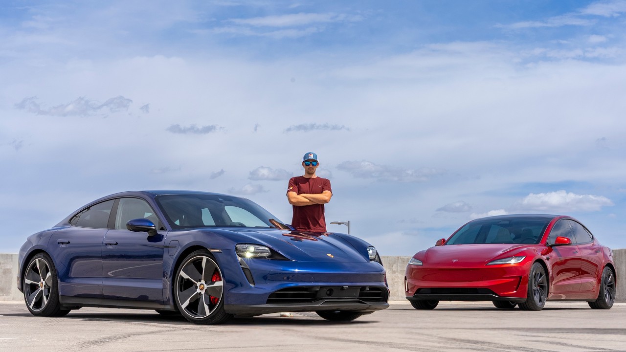 Porsche Taycan 4S in blue and Tesla Model 3 Performance in red parked side by side in a parking garage