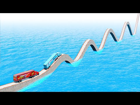 Mack Truck vs King Dinoco Truck vs Impossible Wave Bridge Crossing Cars Vs Deep Water - BeamNG.Drive