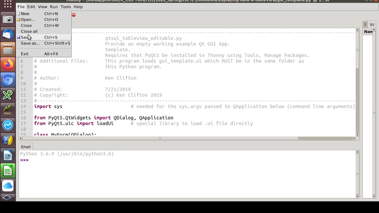 CSC-121, Graphical Python Programming,  Creating a data-mapped (bound) tableView with PyQt5