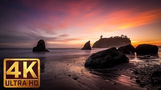 2 Hours Ocean Waves 4K Video - Nature Relaxation Sunset at Ruby Beach - Ocean Sounds