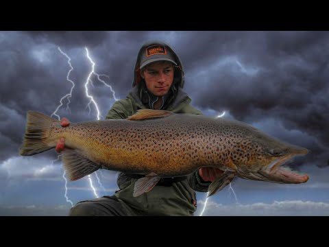 Fishing in an INSANE STORM for GIANT BROWN TROUT from SHORE - Milwaukee Harbor