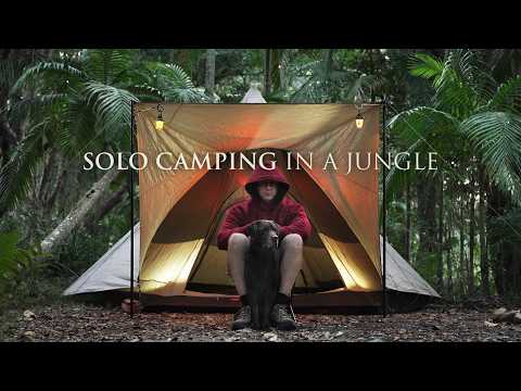 SOLO Camping in a Rain Forest with my Dog [ Cozy Tipi Tent shelter in an Australian Jungle, ASMR ]