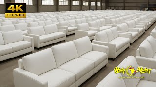 The process of mass-producing sofas at a very fast pace. A Korean wood furniture factory.