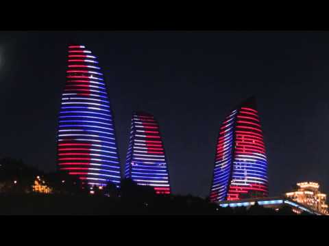 Flame Towers Baku with all Europe Flags