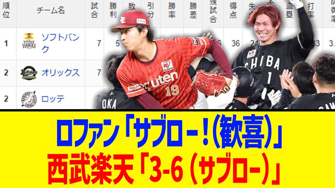 【4月3日】最新パリーグ順位表 ～ロファン「サブロー！（歓喜）」西武楽天「3-6（サブロー）」～