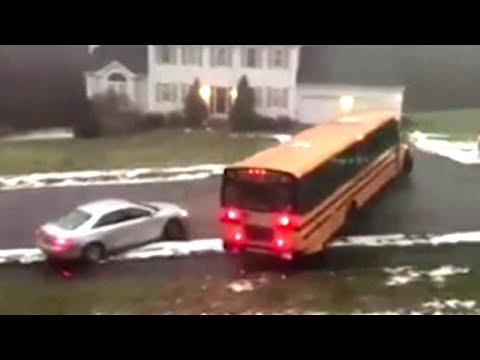 School Bus Full of Kids Loses Control After Driving Over Black Ice