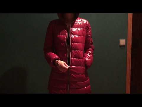 FooTheresa: zipping up red Moncler winter coat. Amateur girl dressing