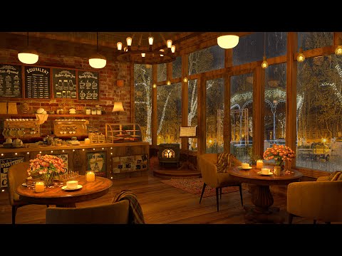 Romantic Night Jazz at Cozy Coffee Shop 4K 🍂 Jazz Music to Relax/Study/Work to