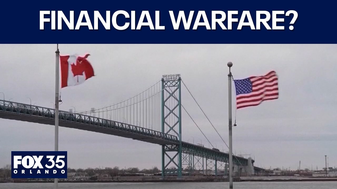 Financial Warfare? words with a Canadian and an American Flag