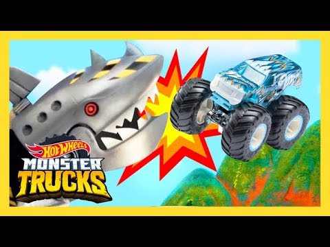 MONSTER TRUCKS BATTLE MECHA SHARK! | Monster Trucks Island | @HotWheels