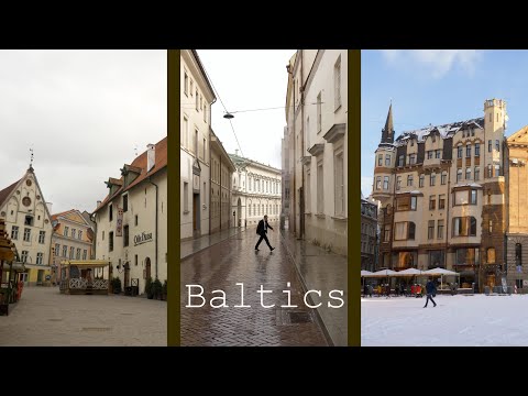 4k walking tour in Baltic states capitals - Vilnius, Tallinn and Riga. Pov through old town streets.
