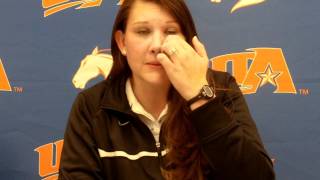 UTA acting head volleyball coach Erin Clute Texas State postgame