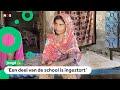 Noor Jahan uit Pakistan krijgt les in een tent