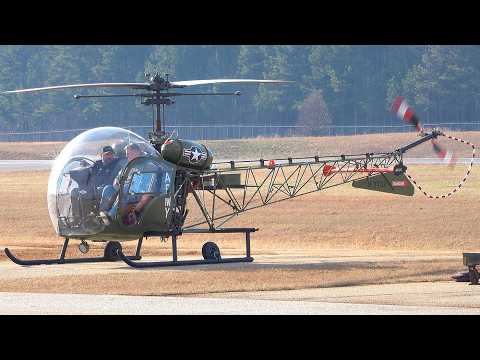 Rare Bell-47G  Helicopter | Iconic Engine Startup, Taxi, Takeoff & Landing