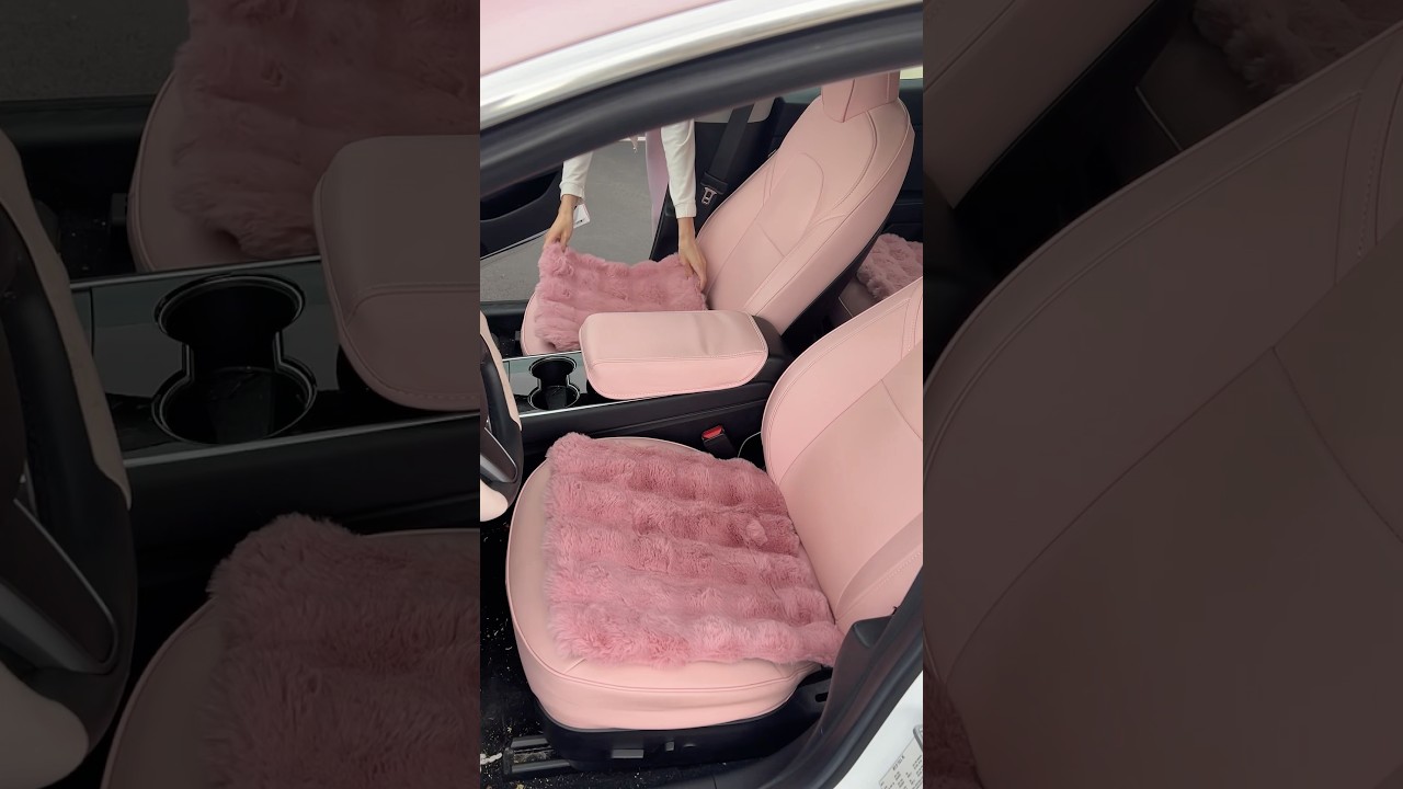 New *girly* car accessories 🌸🎀 #pinkcar #pinktesla #pinkaesthetic