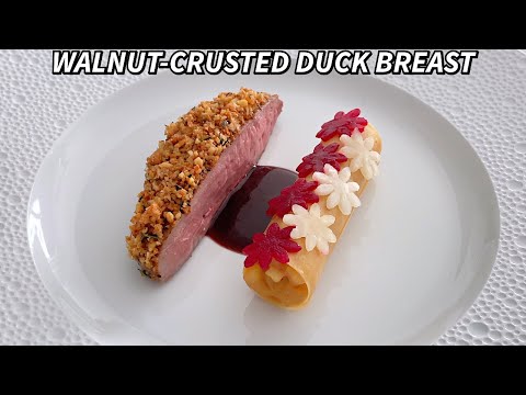 Entenbrust in Walnusskruste mit Roter Bete, Kohlrabi, Äpfeln und Rotweinsauce
