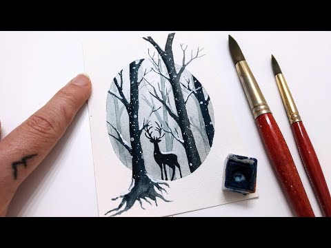 Watercolor deer in forest painting for beginners » EASY step by step winter painting tutorial