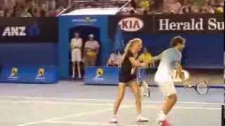 Federer/Azarenka vs Stosur/Bouchard play mixed doubles...holding hands