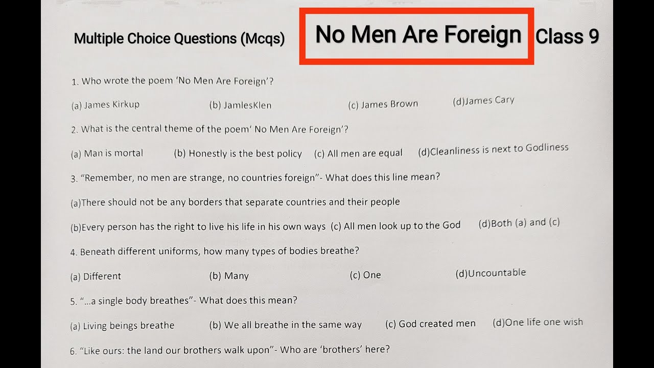 No Men Are Foreign Class 9 Mcq | No Men Are Foreign Mcq | No Men Are Foreign Class 9 | English Mcq