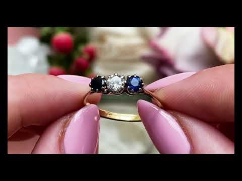 Art Deco 18ct Gold Sapphire Diamond Trilogy Ring, (0.40ct Sapphire) #9393