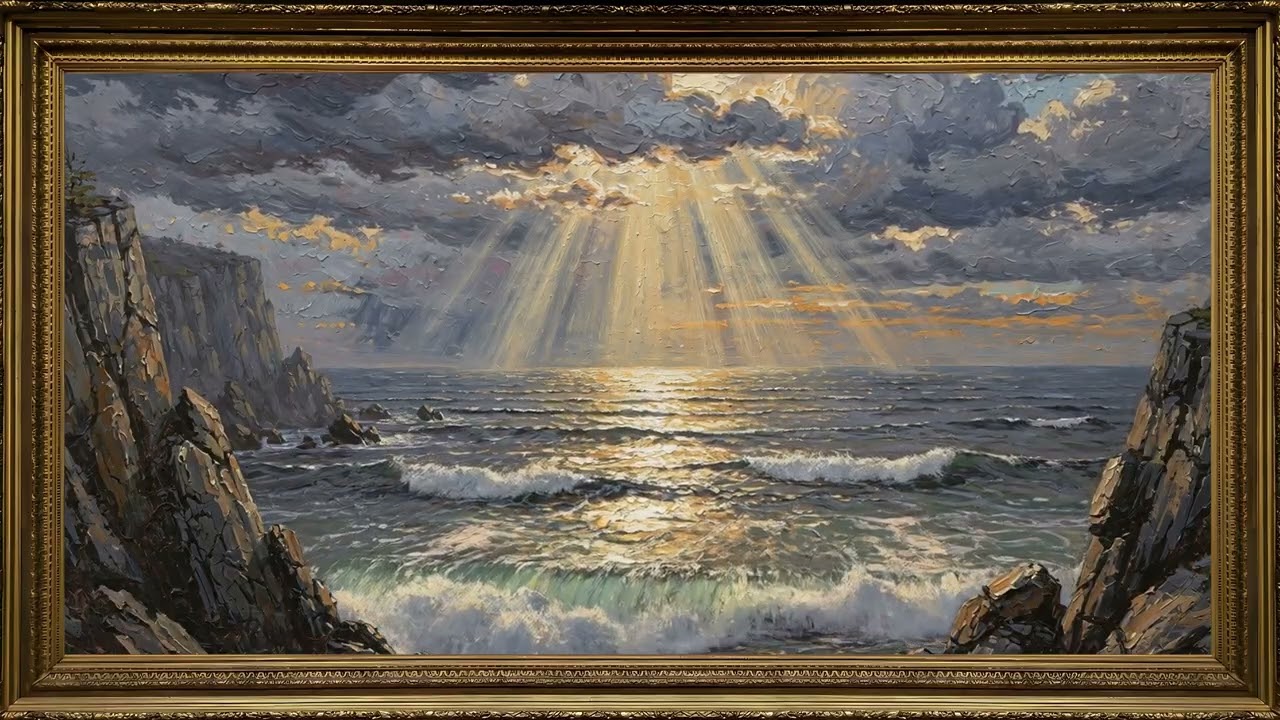 Crashing Ocean Waves - Relaxing Sounds - 4K Oil Painting — 4K ambient art screensaver in baroque gold frame