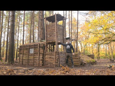 Bushcraft Camp: Full Super Shelter Tour (Tower, Ladder, Shelter, Roof, Log Store, Raised Bed)