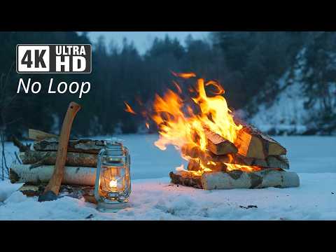 4K 📺 No Loop - Real Winter Campfire by the Lake ❄️🔥Natural Relaxation
