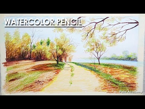 Mountains and Pine Tress Watercolor Pencil Landscape Drawing | steps to follow