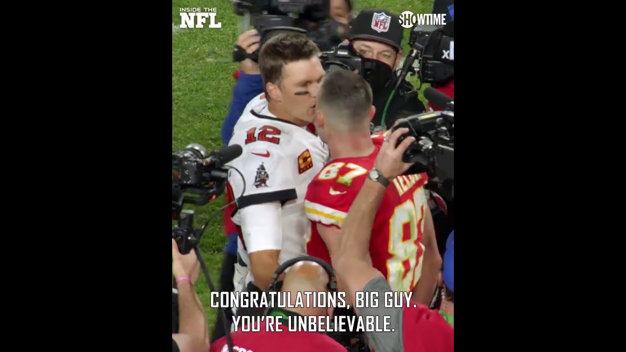Patrick Mahomes and Travis Kelce congrats Tom Brady on field after game