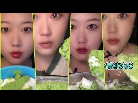 ALL WHITE FLUFFY SNOW SPOONFULS AND CHUNKS WITH MATCHA POWDER ASMR