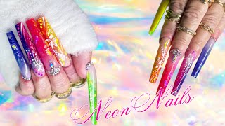 Extreme 3XL Coffin Nails | Neon Rainbow Abstract Design💖🌈 | Glitter, Flakes & Glow #insponails