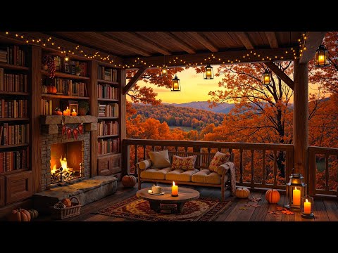 Gentle Fall Porch Jazz 🔥 Soft Jazz, Lantern, Fireplace & Pumpkin Ambience for Deep Work & Calm Focus