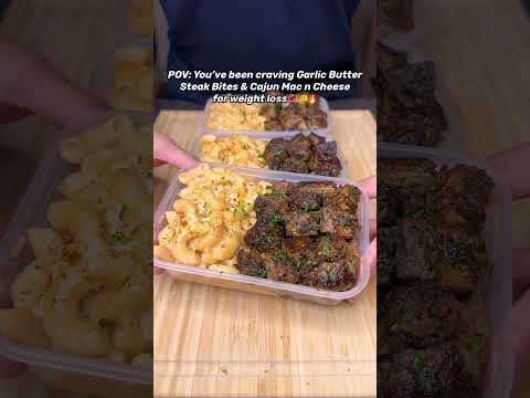 Who wants the recipe?👨🍳 High Protein Garlic Herb Steak Bites & Cajun Mac N Cheese🥩🧀