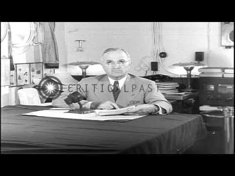 , title : 'President Harry S. Truman reads prepared speech after dropping of atomic bomb on ...HD Stock Footage'